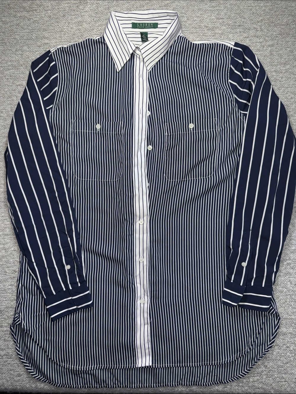 Lauren Ralph Lauren Navy and White Striped Button-Up Shirt Size M